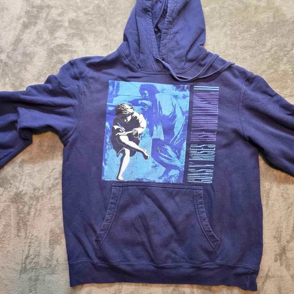 Hoodie Mens L Blue Fleece Pullover Kangaroo Pocket Art Graphic Front Sweatshirt